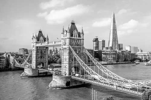 London Tower Bridge in black and white.
