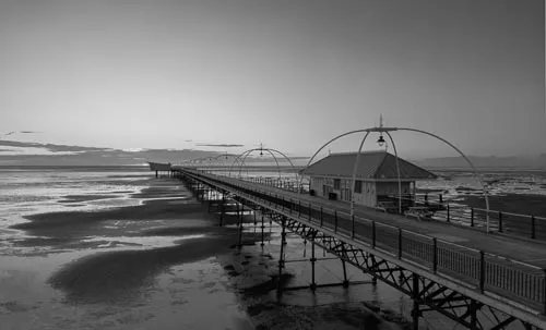 Southport Pier in black and white.