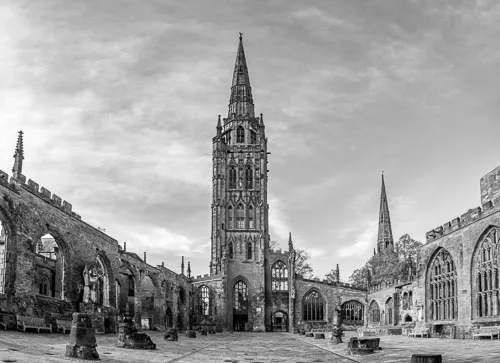 Coventry Cathedral in black and white.