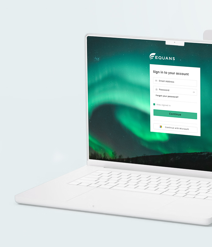 A laptop computer with the login to the Equans platform displayed