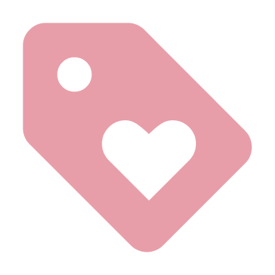 Pink price tag icon with a heart cutout on a transparent background.