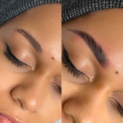 Close-up of a face showing eyebrow before and after grooming with enhanced fullness and shape.
