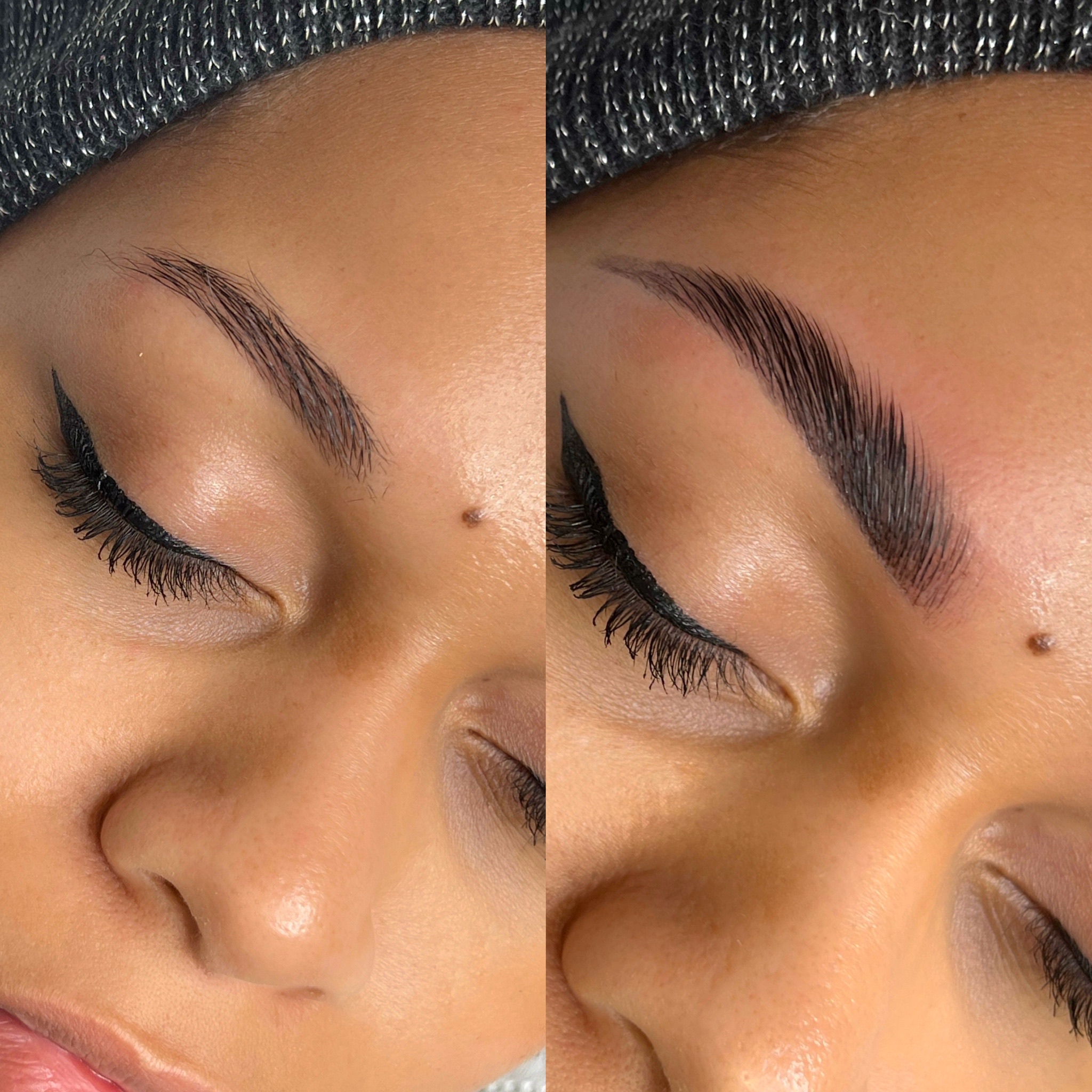 Close-up of a face showing eyebrow before and after grooming with enhanced fullness and shape.