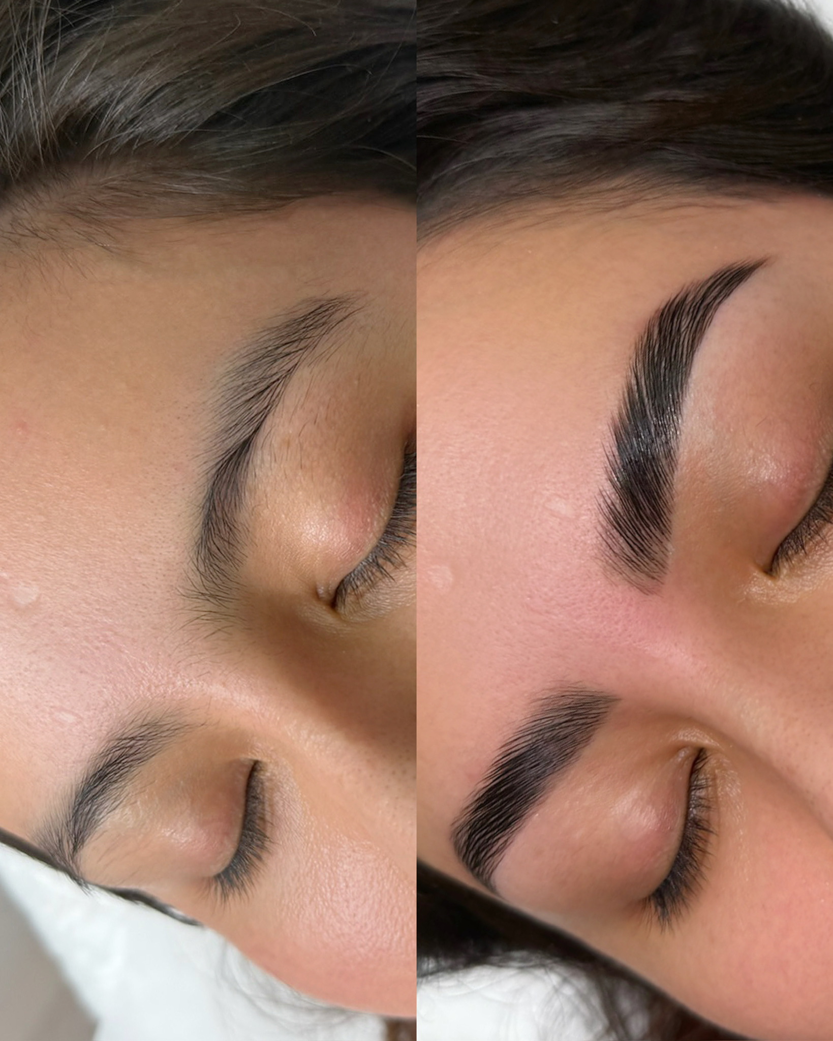 Side-by-side comparison of a person's natural and thickly filled-in eyebrows with closed eyes.