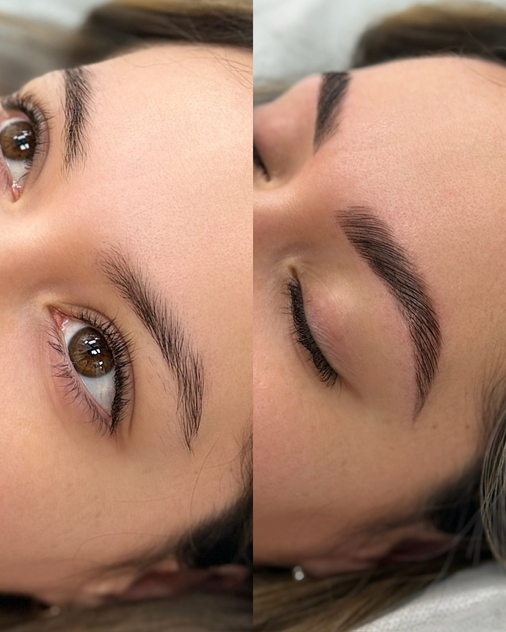 Side-by-side close-up showing natural eyebrows before and groomed eyebrows after a beauty treatment.
