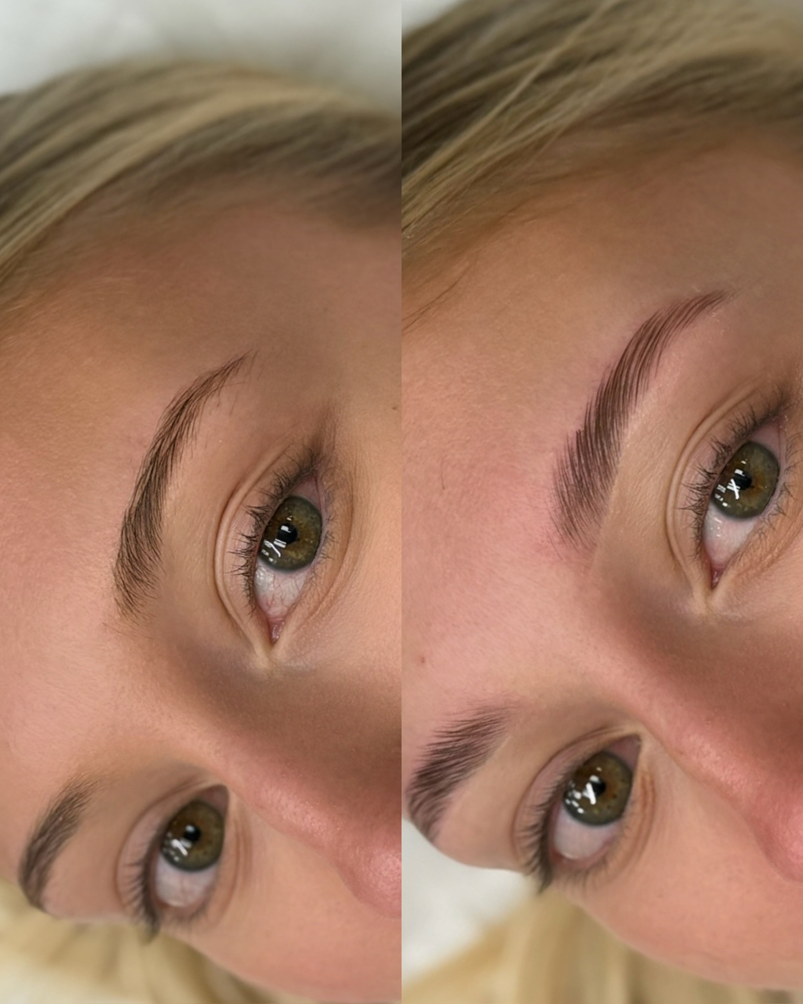 Close-up before and after of a person's green eyes and eyebrows, showing fuller, shaped eyebrows after.