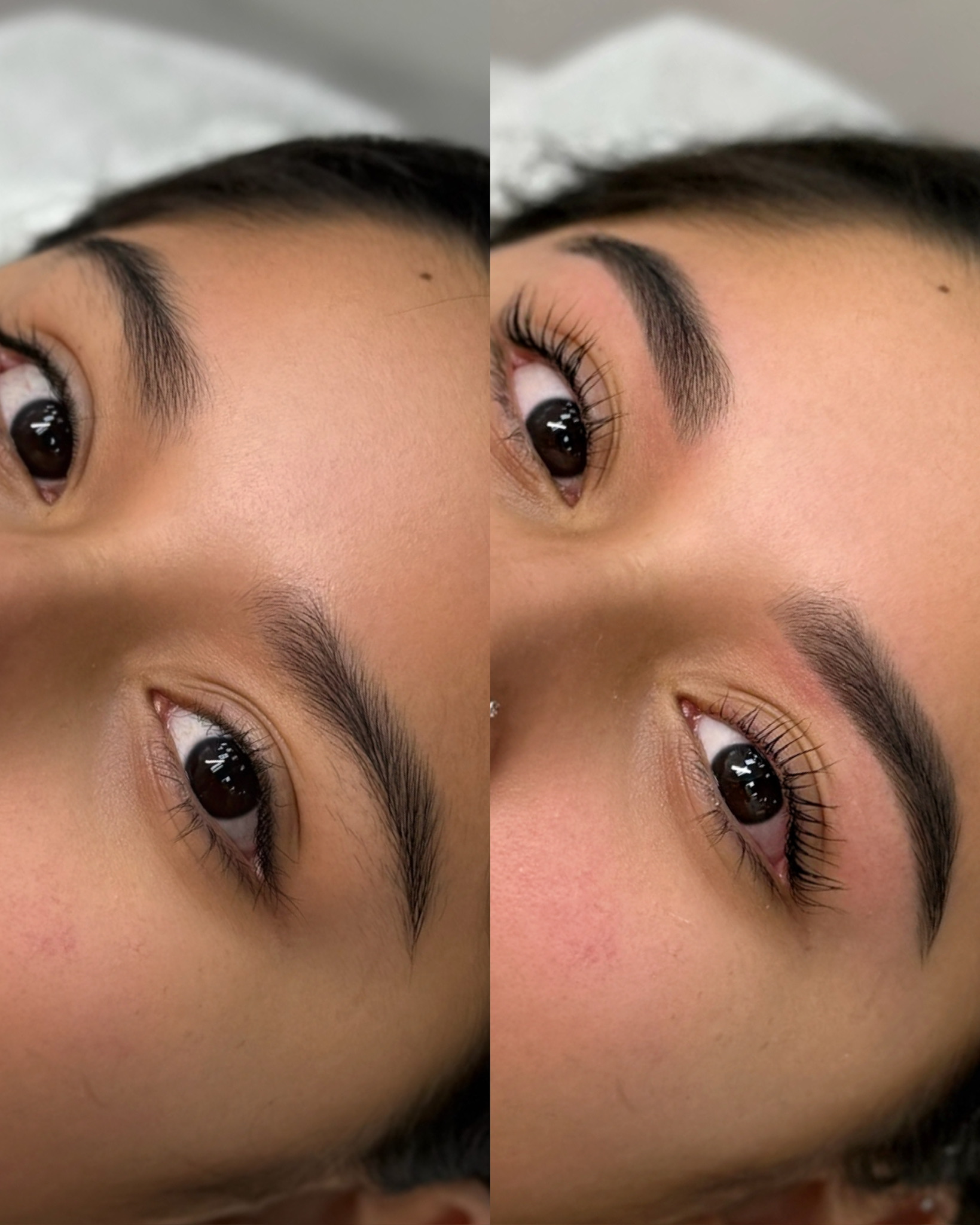 Side-by-side close-ups showing eyes and eyebrows before and after grooming and eyelash enhancement.