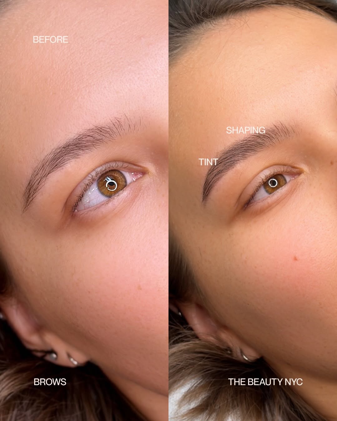 Side-by-side close-up of an eyebrow before and after shaping and tinting for a fuller look.