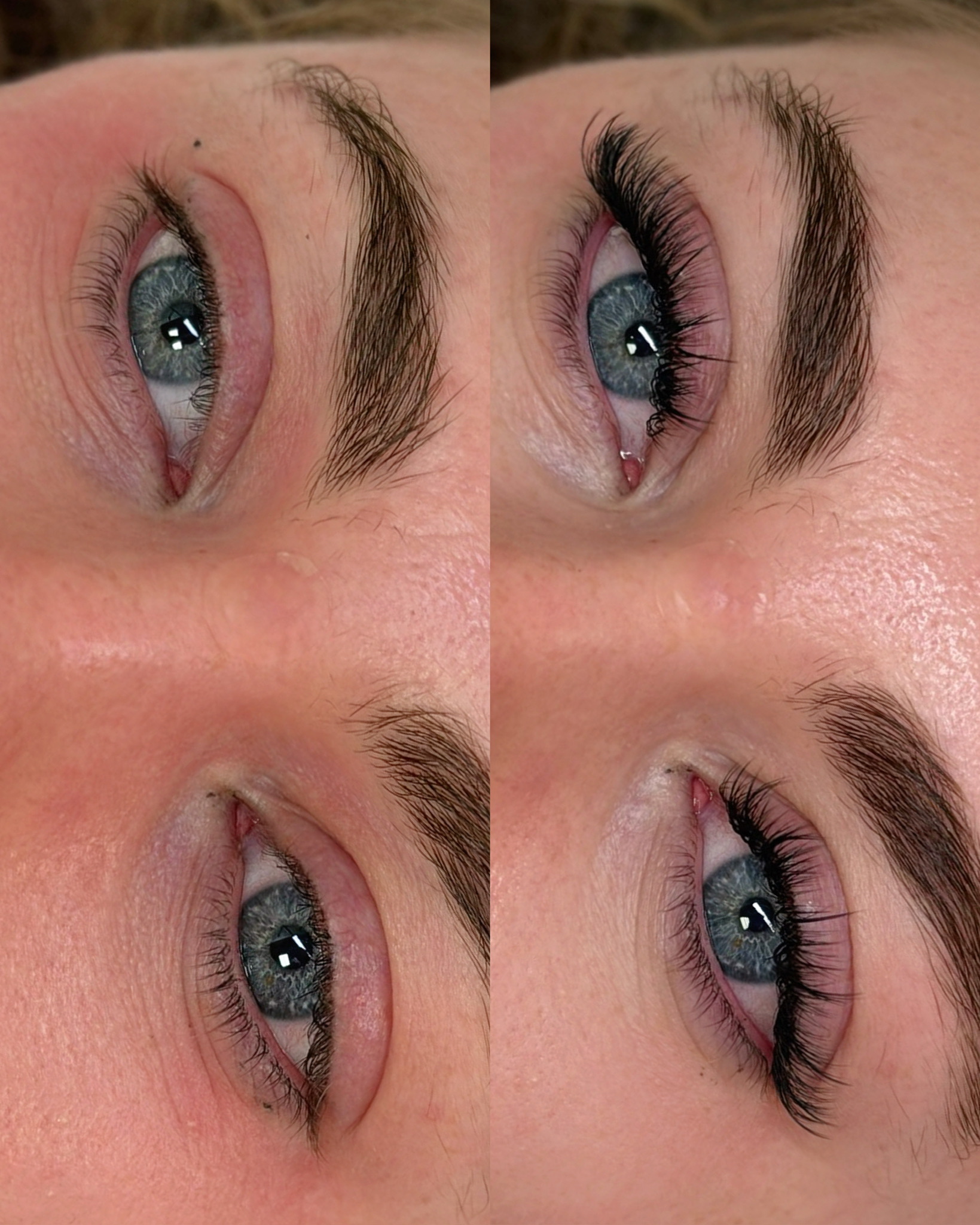 Close-up of a person's blue eyes showing a before and after of eyelash extensions.