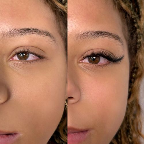 Close-up of a face showing natural eyelashes on left and long, curled eyelash extensions on right.