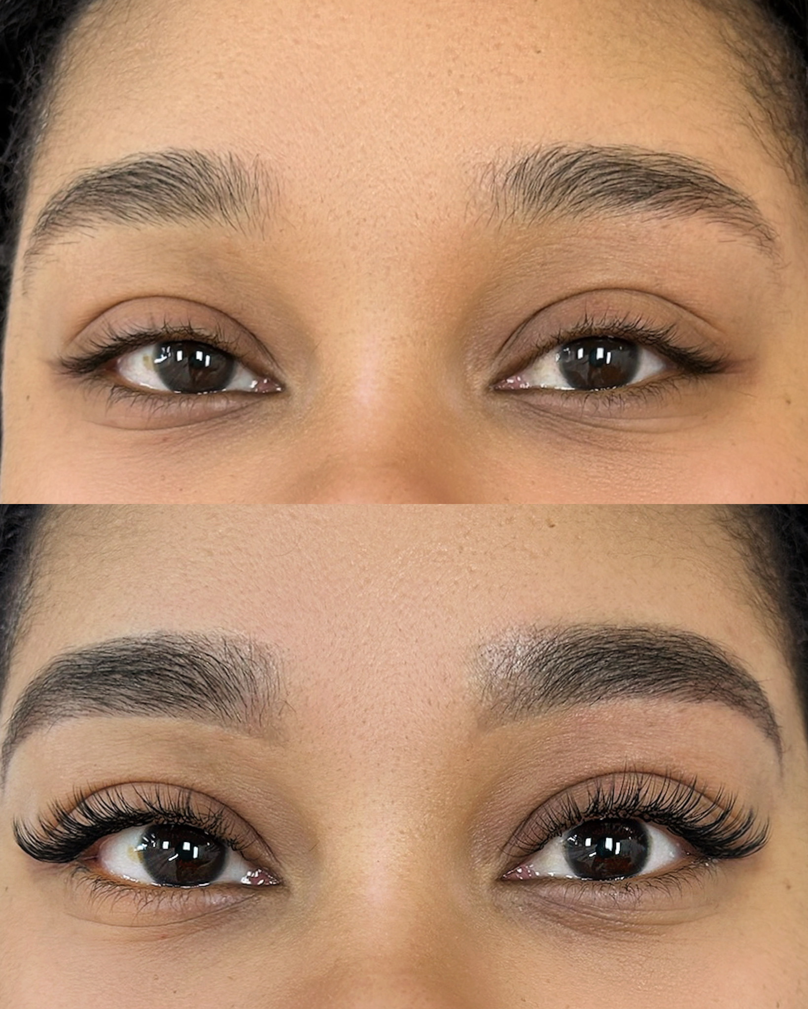Close-up of a woman's eyes showing natural lashes above and fuller, longer eyelash extensions below.
