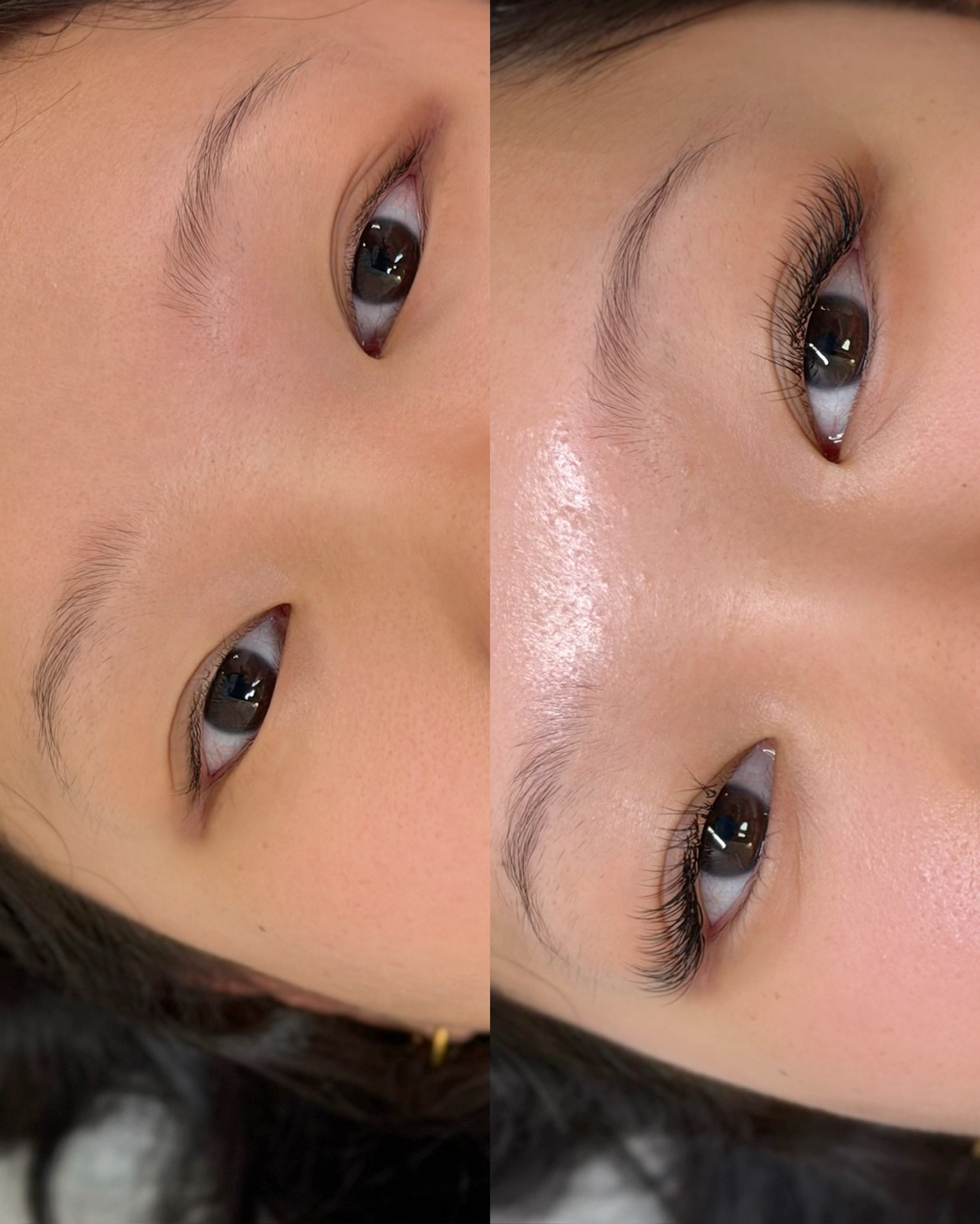 Side-by-side close-ups of eyes before and after eyelash extensions showing fuller lashes after application.