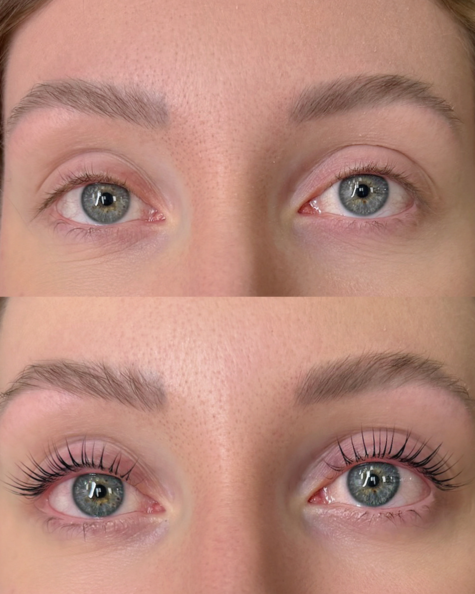 Close-up of blue eyes before and after applying mascara, highlighting longer lashes in the after image.
