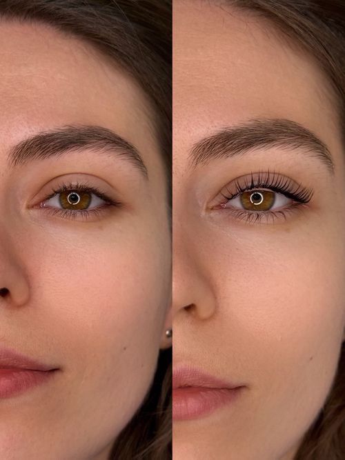 Side-by-side close-up of a woman's eye before and after eyelash enhancement.