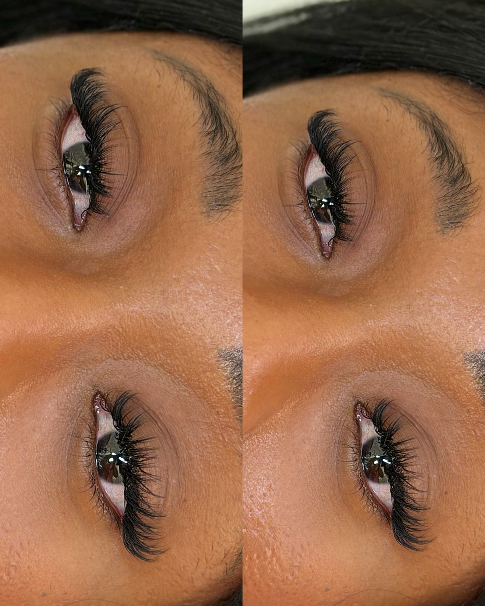 Close-up of eyes with long, thick eyelash extensions on a person with brown skin.