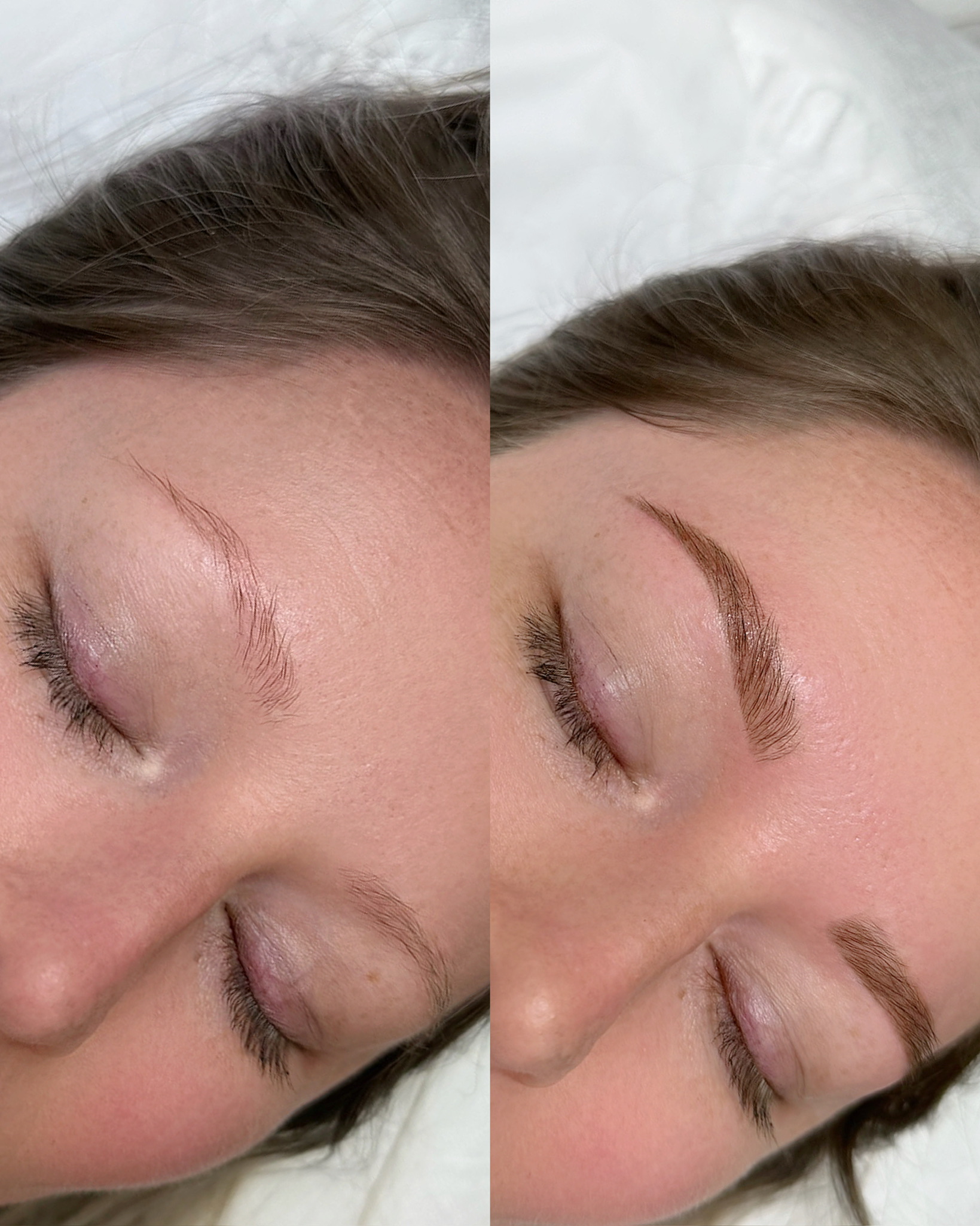 Close-up of closed eyes showing before and after eyebrow shaping and filling treatment.