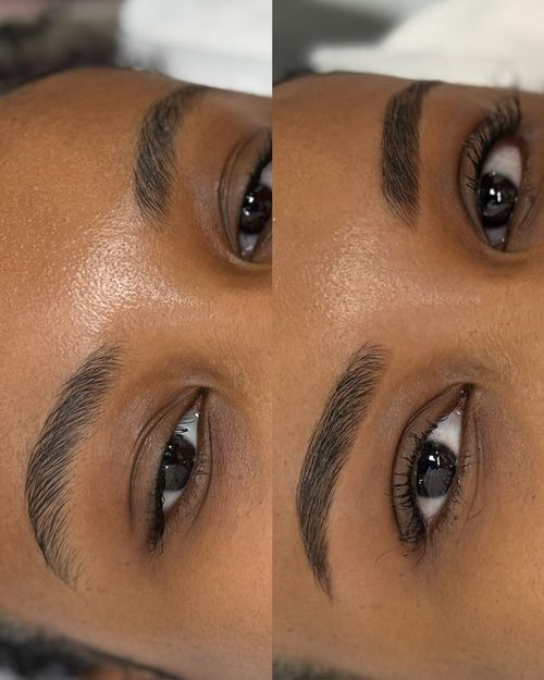 Close-up of eyebrows before and after shaping and tinting on brown skin.