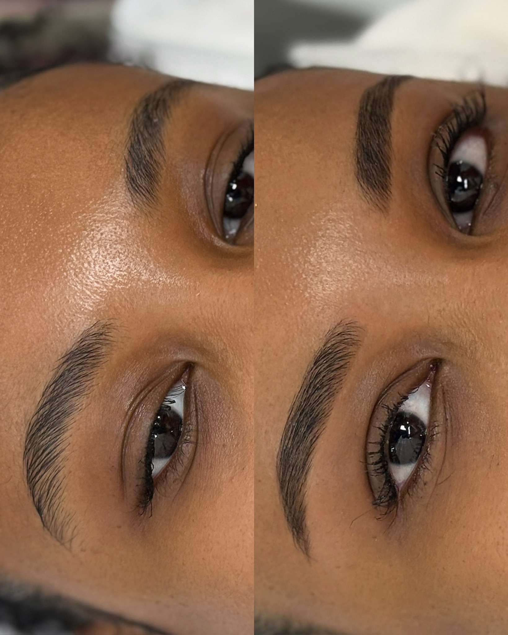 Close-up of eyebrows before and after shaping and tinting on brown skin.