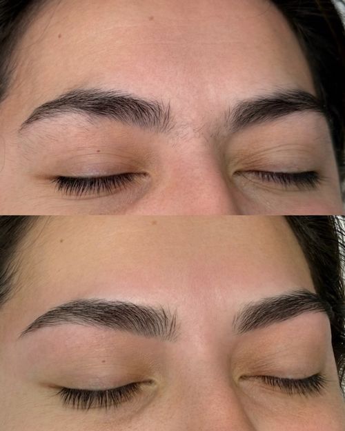 Close-up of eyes showing before and after eyebrow grooming and shaping with closed eyelids.