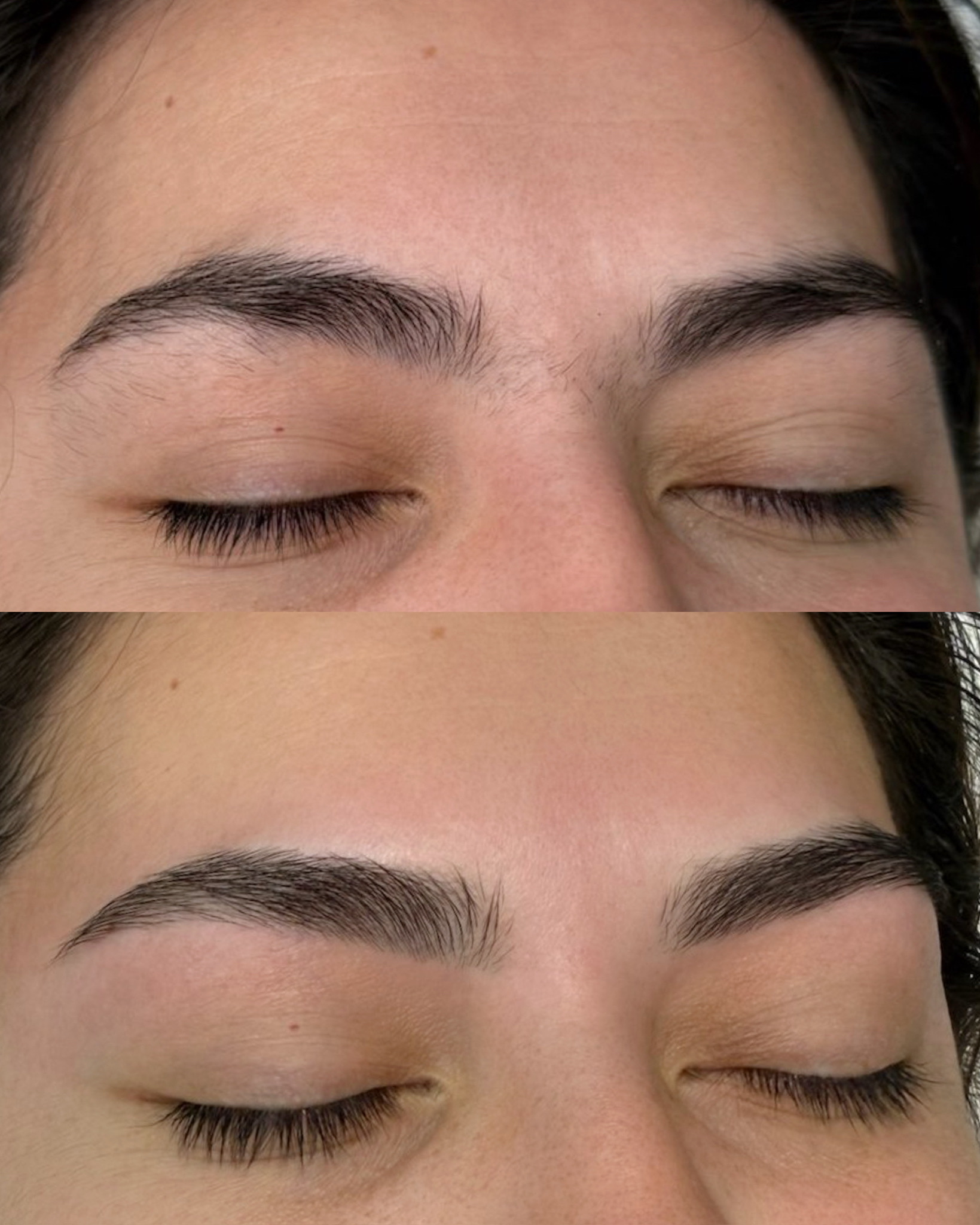 Close-up of eyes showing before and after eyebrow grooming and shaping with closed eyelids.