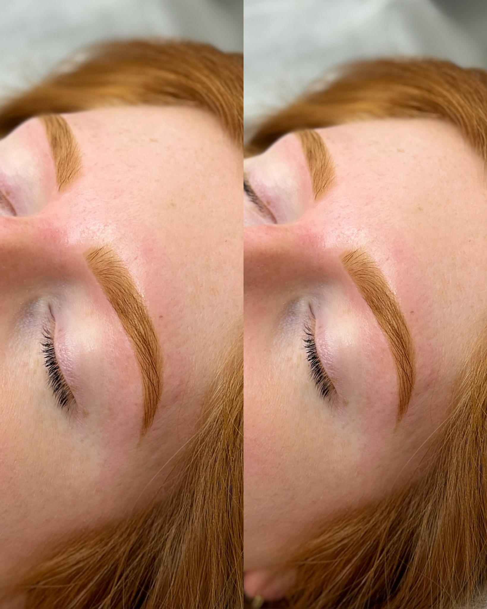 Close-up of a woman's face showing freshly groomed and shaped eyebrows in a side-by-side comparison.