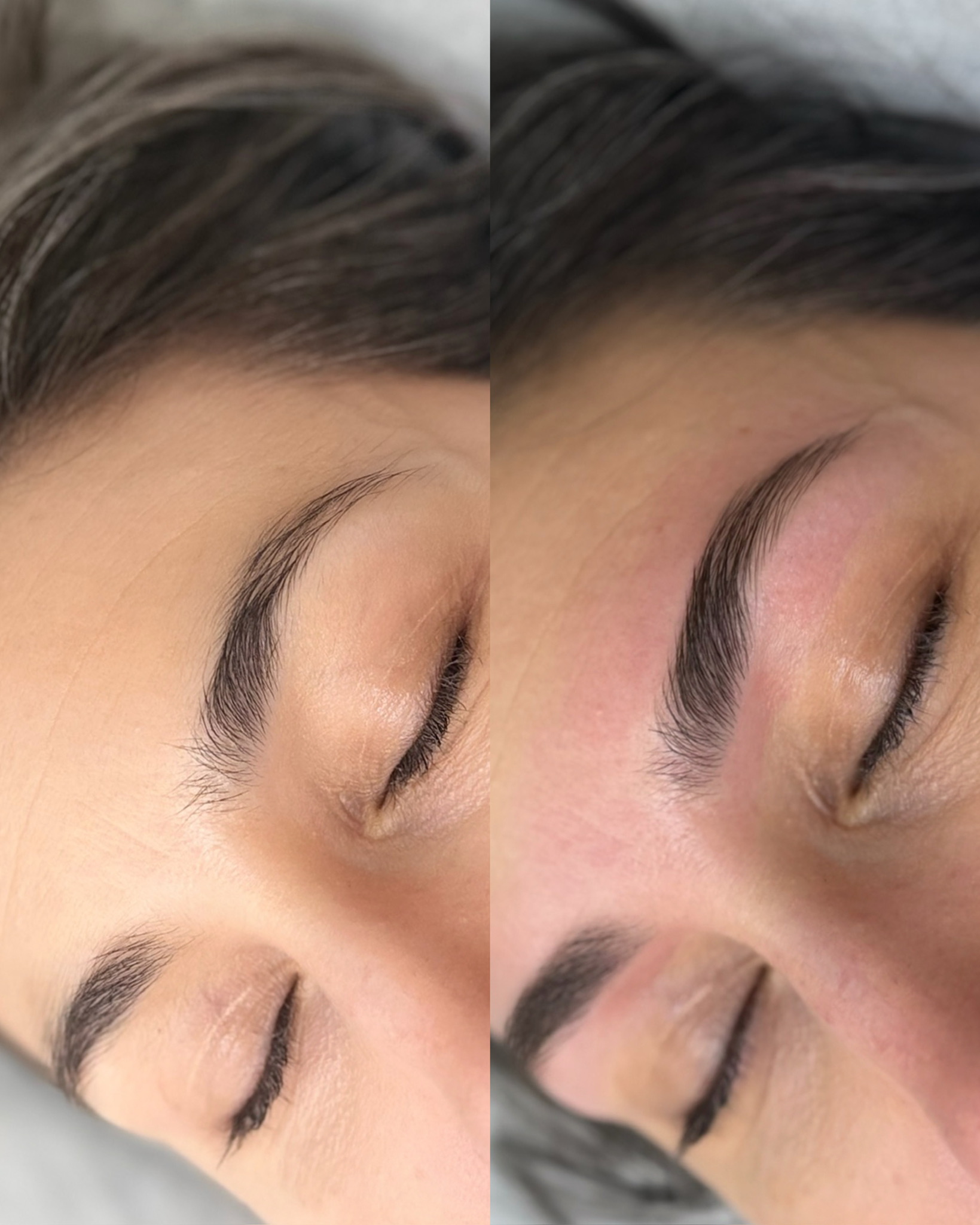 Side-by-side close-up of closed eyes showing natural eyebrows before and after shaping and grooming.