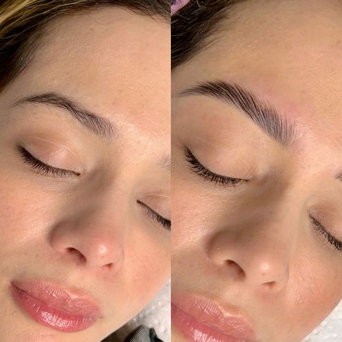Close-up of a woman's face showing eyebrow before and after grooming and shaping treatment.