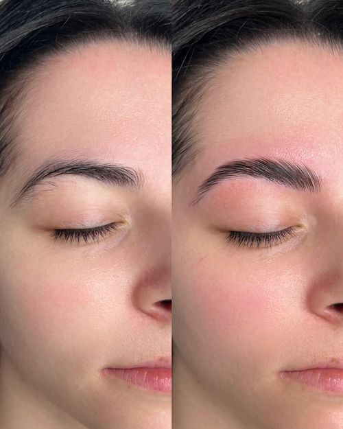 Close-up of face showing a before and after comparison of fuller, shaped eyebrows.