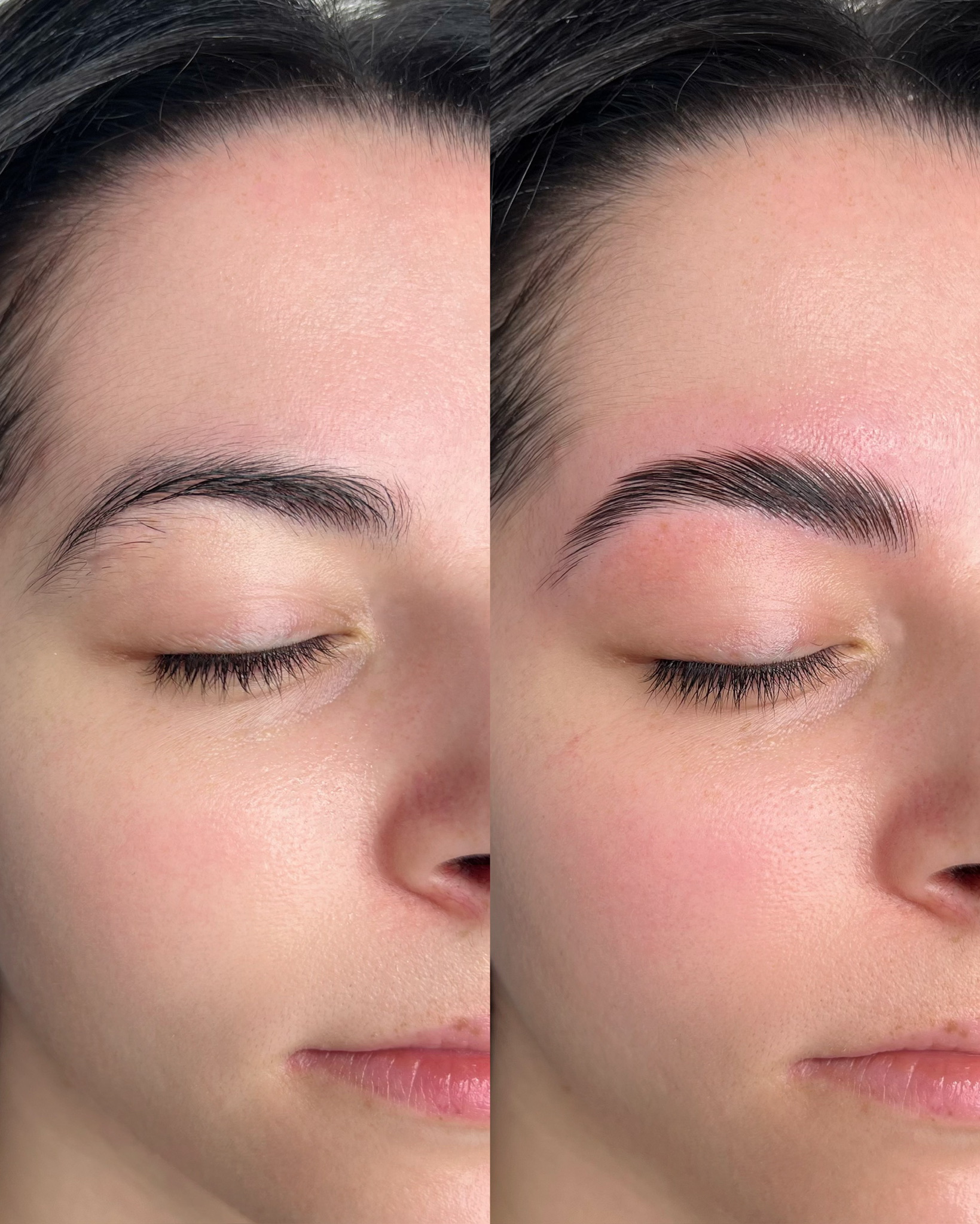 Close-up of face showing a before and after comparison of fuller, shaped eyebrows.