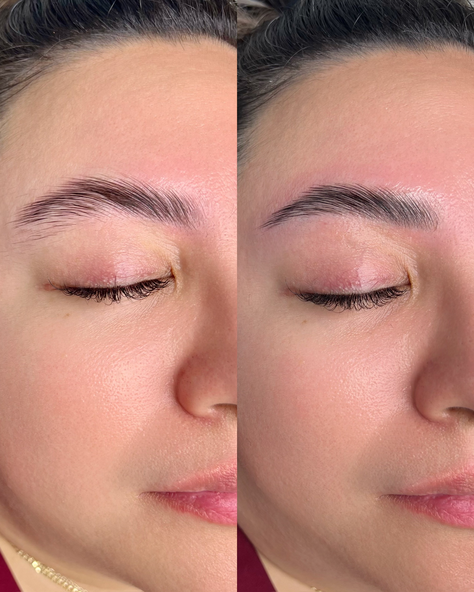 Side-by-side close-ups of a woman's face showing eyebrow before and after grooming and shaping.