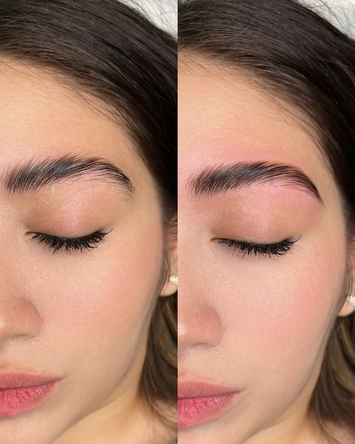 Close-up before and after of a woman's dark eyebrow with grooming and shaping done.