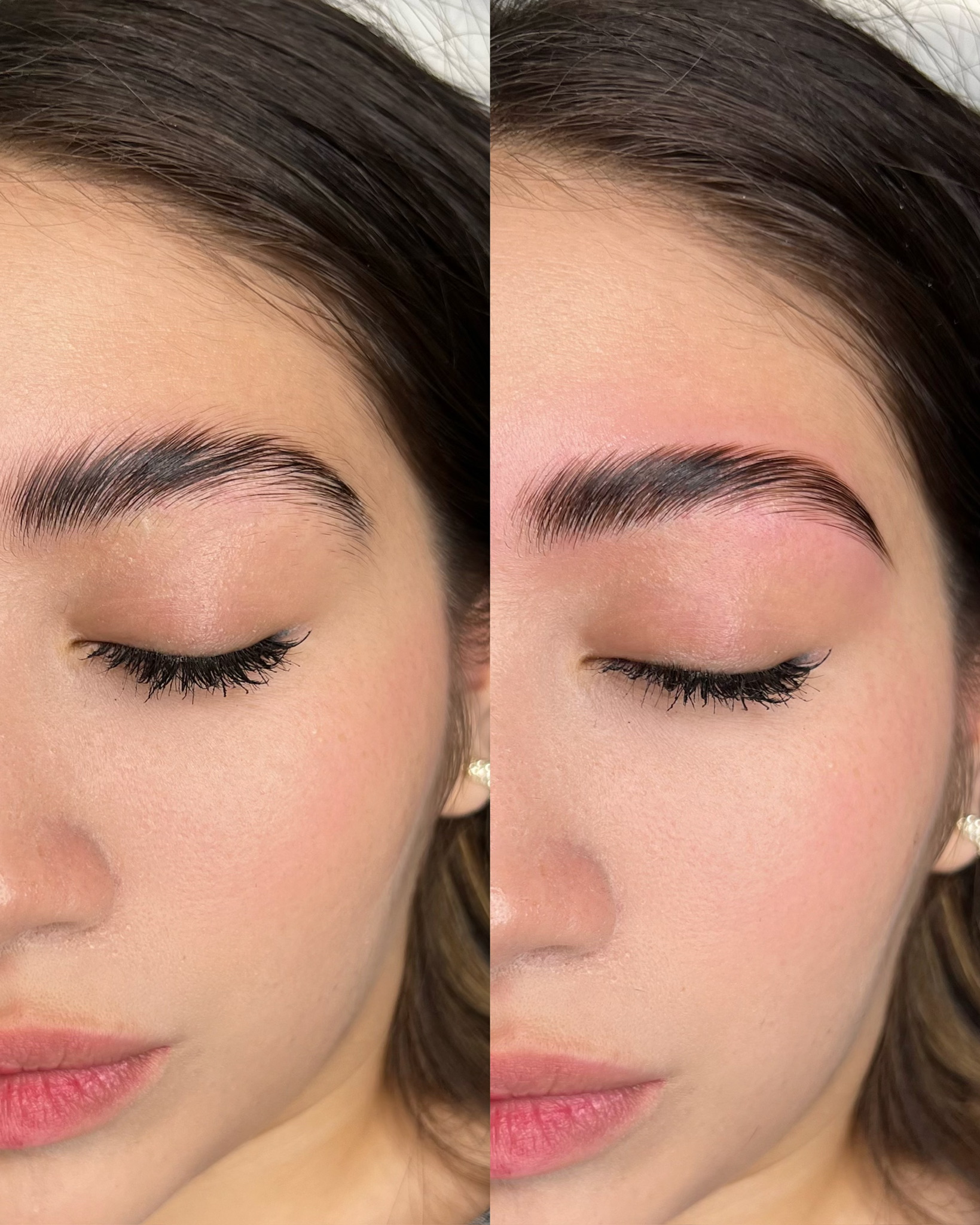Close-up before and after of a woman's dark eyebrow with grooming and shaping done.