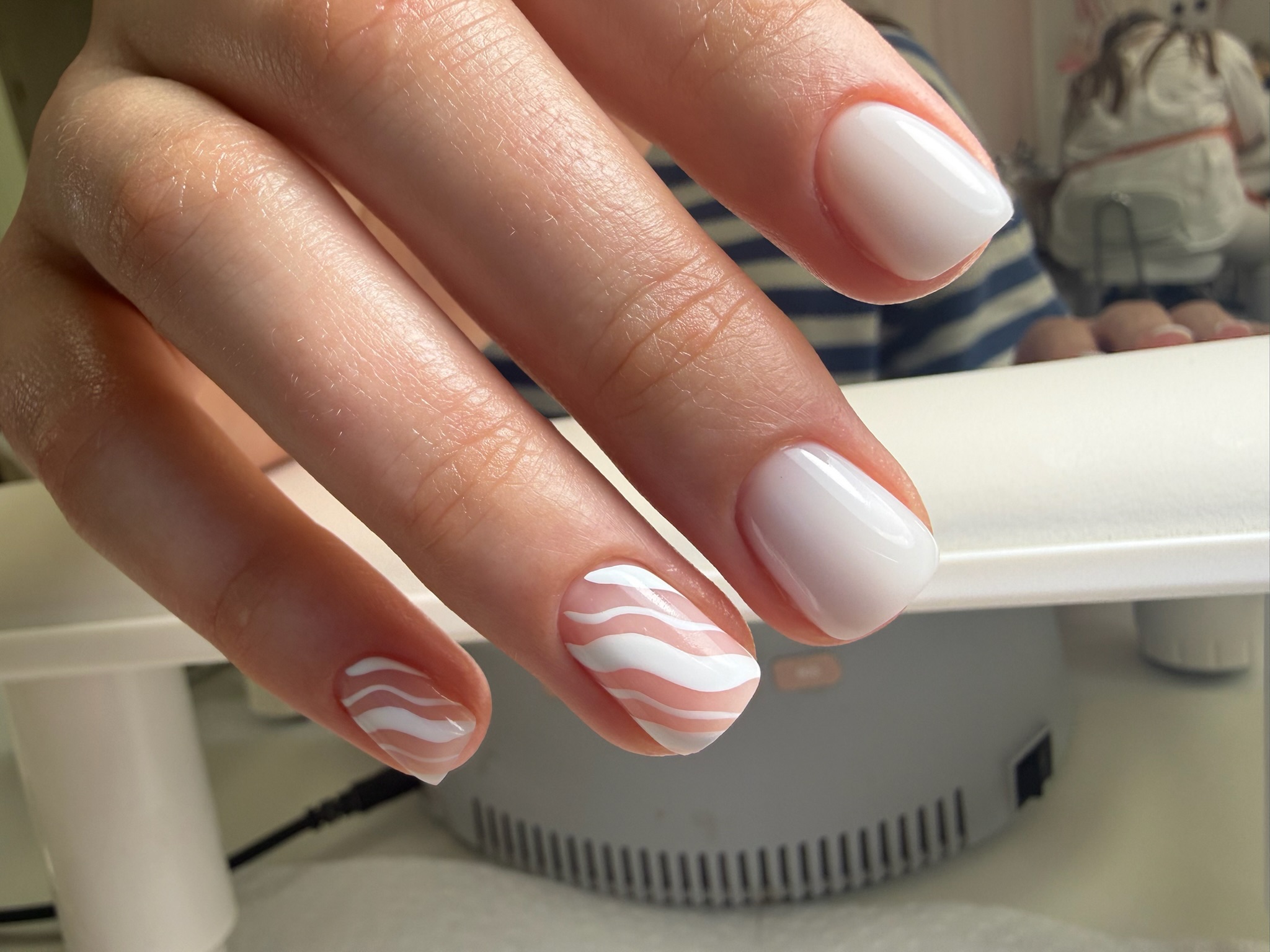 Close-up of a hand showing nails painted white with two nails having white wavy stripe designs.