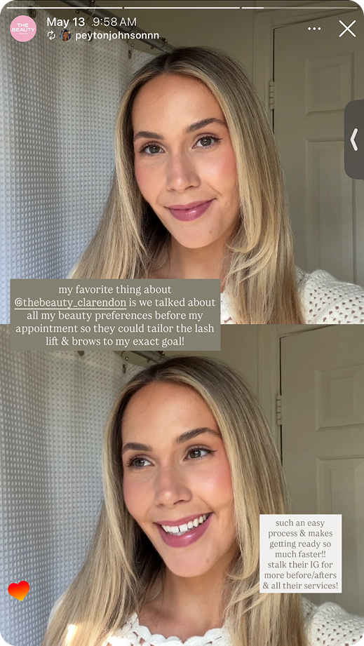 Smiling woman with blonde hair poses in white sweater, sharing positive beauty treatment experience in text overlays.
