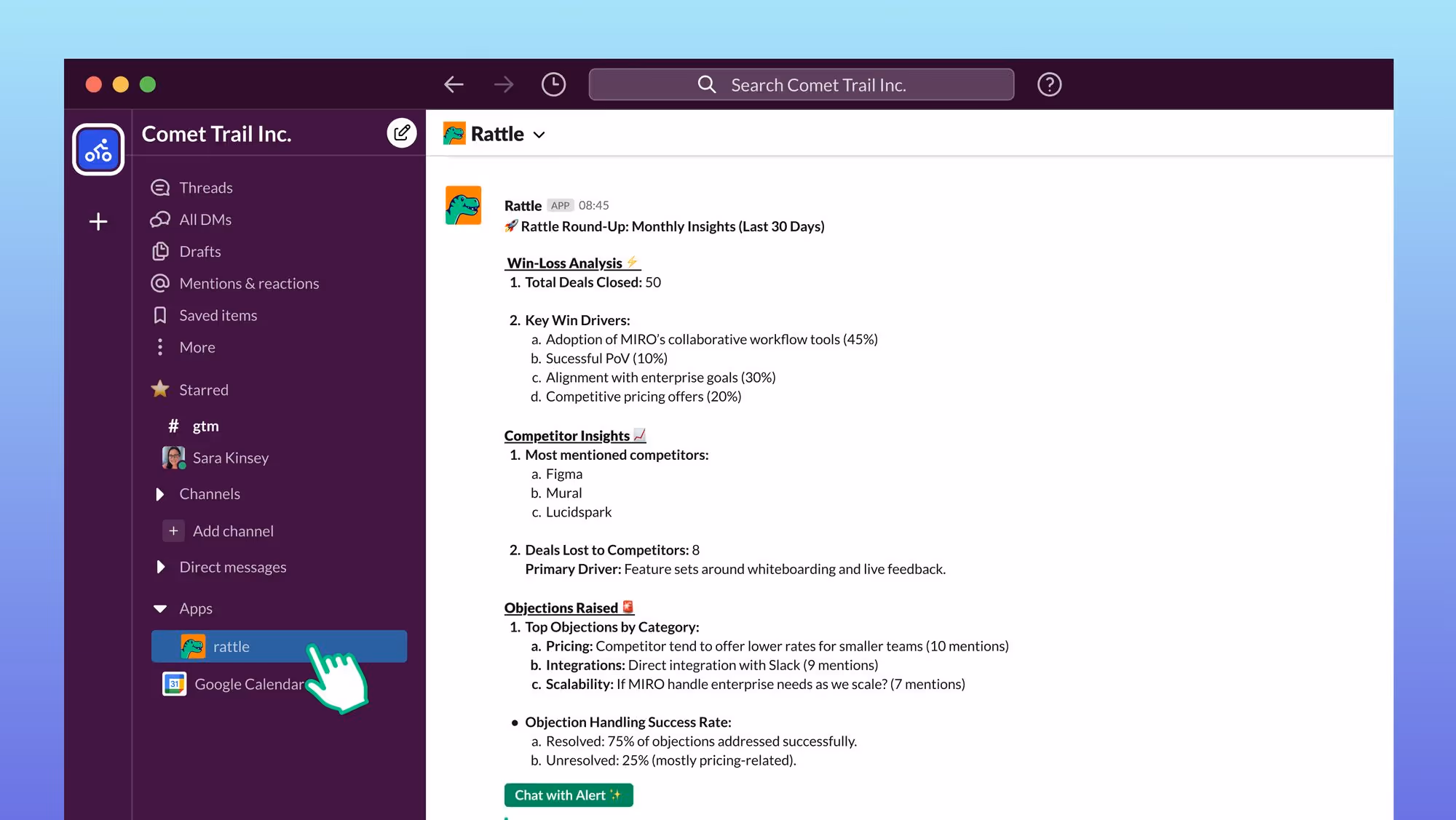Slack interface showing the Rattle app sharing a 'Monthly Insights' roundup in the Comet Trail Inc. workspace. The report includes win-loss analysis, competitor insights, and objections raised, with a highlighted call to action button reading 'Chat with Alert ✨'.