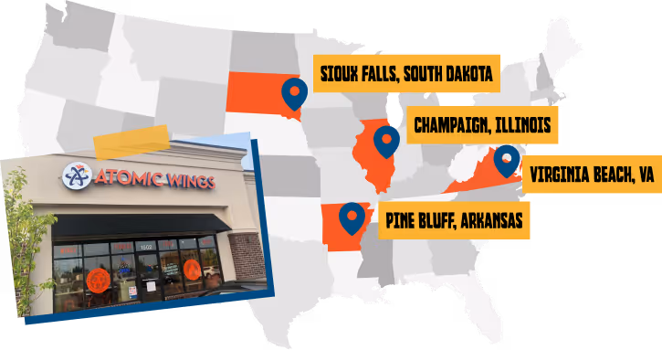 graphic map of Atomic Wings locations in the US