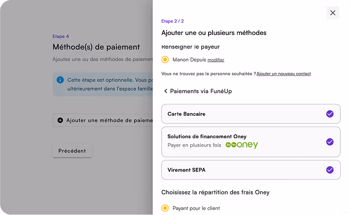Interface paiement - étape 1/5 : Création de dossier et méthode de règlement