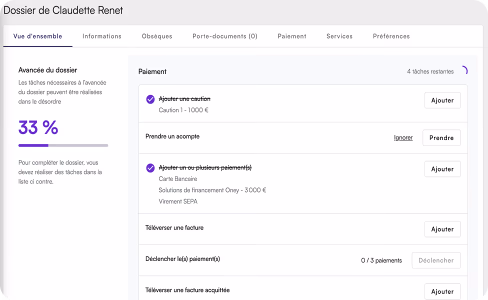Interface paiement - étape 4/5 : Suivi des taches 
