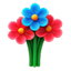 Bouquet de fleurs stylisé avec cinq fleurs colorées rouges, bleues et orange avec des tiges vertes.
