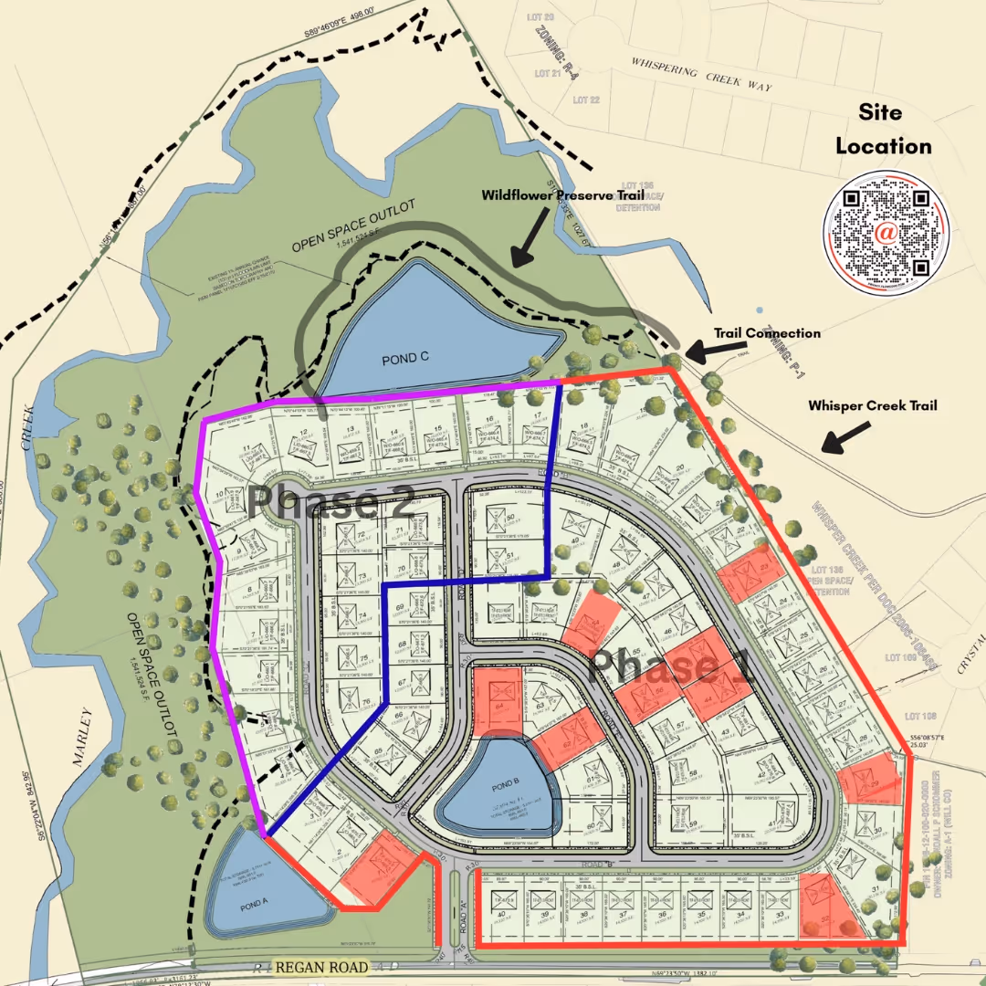 Site plan map showing a residential development divided into Phase 1 and Phase 2 areas with marked lots, ponds, trails, open space, and access from Regan Road.