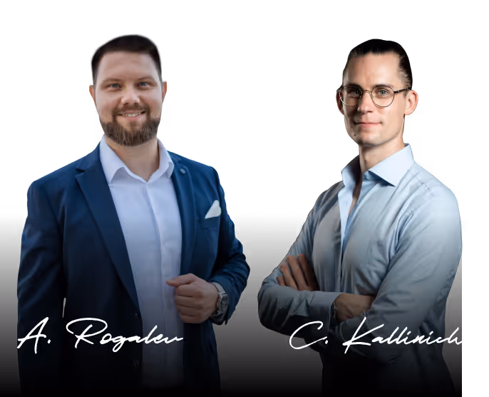 Portraits of A. Rogalev and C. Kalinich, CEOs of marketer UX, against a neutral background – experts in online marketing and web design