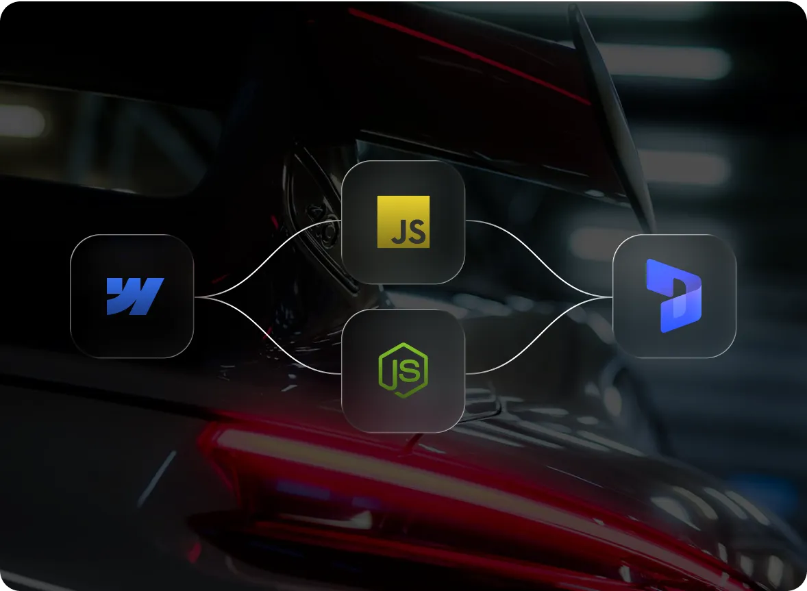 Ein Diagramm der die Innovative Systemarchitektur illustriert und die Verbindung zwischen Webflow und CRM mit Hilfe von JavaScript und Node.js zeigt