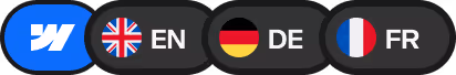 Sprachwahl mit Symbolen der Vereinigten Staaten, Großbritanniens, Deutschlands und Frankreichs neben den Kürzeln EN, DE und FR.