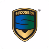 Wappenschild mit dem Text 'SECOSERV' und einem blauen sowie grünen Design über einem goldenen Stiftspitzen-Symbol.