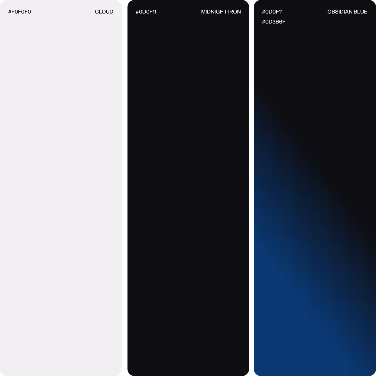Drei senkrechte Farbflächen: links hellgrau (#F0F0F0) mit der Bezeichnung Cloud, in der Mitte sehr dunkles Grau (#0D0F11) mit der Bezeichnung Midnight Iron, rechts ein Verlauf von dunklem Blau zu Schwarz (#0D0F11 und #0D3B6F) mit der Bezeichnung Obsidian Blue.