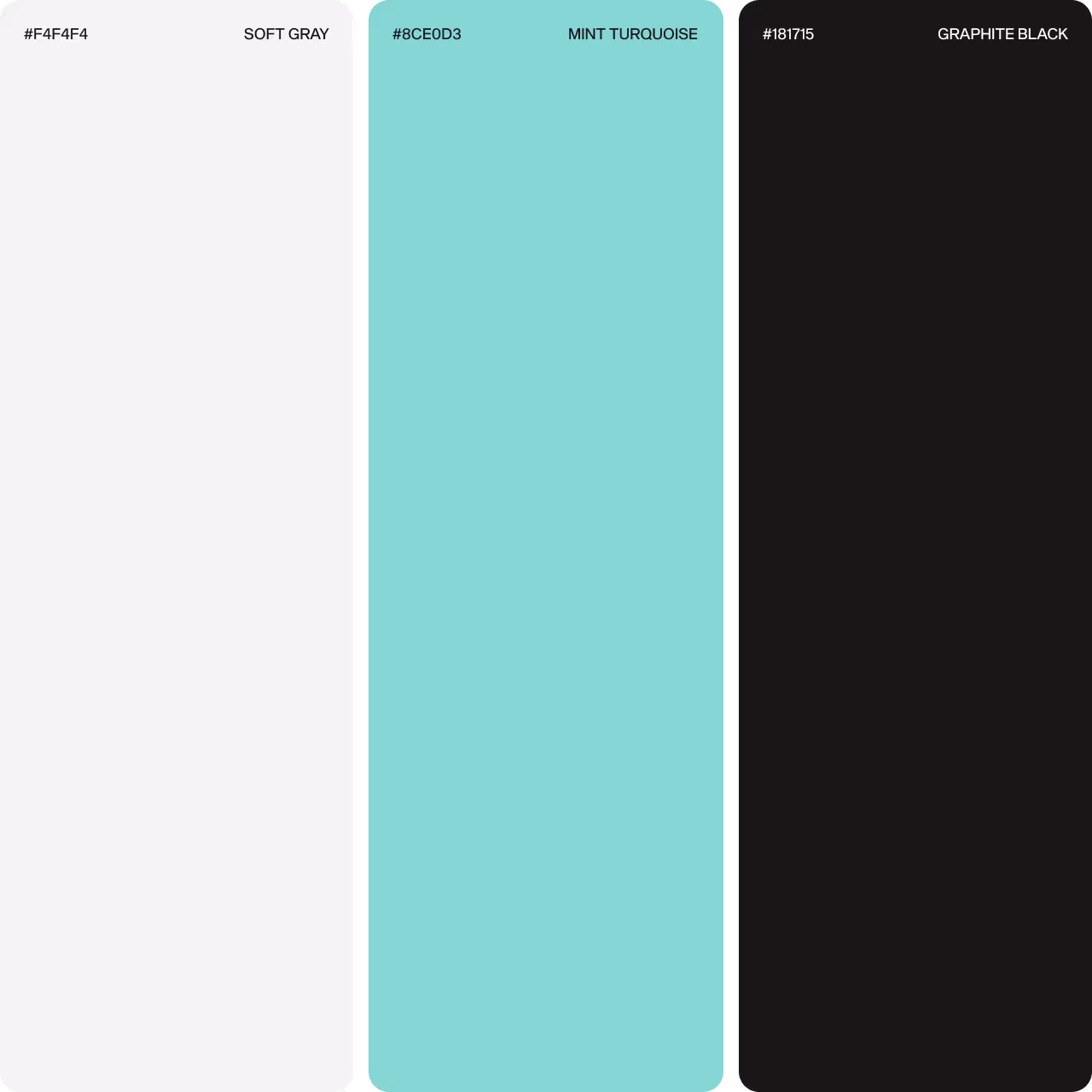 Drei Farbblöcke mit Farbcode und Namen: Weiches Grau #F4F4F4, Minz-Türkis #8CE0D3, Graphit Schwarz #181715.