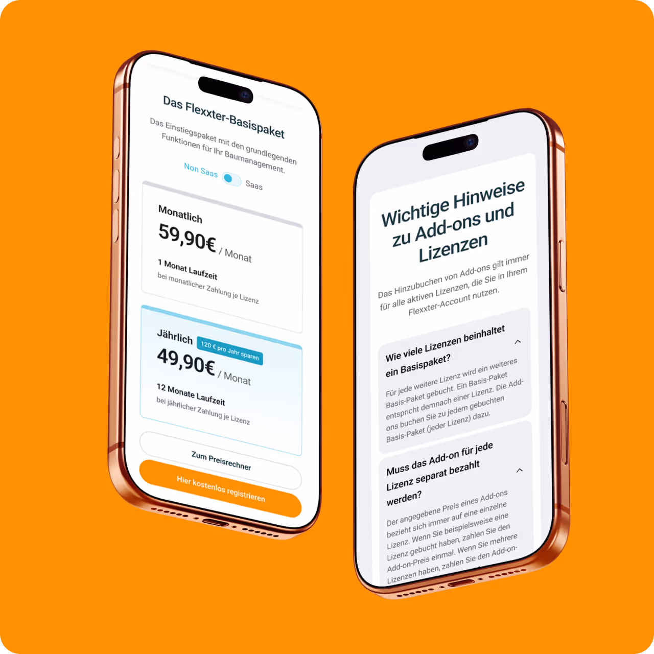 Zwei Smartphones zeigen das Flexxter-Basispaket mit monatlichen und jährlichen Preisen sowie wichtige Hinweise zu Add-ons und Lizenzen auf orangem Hintergrund.