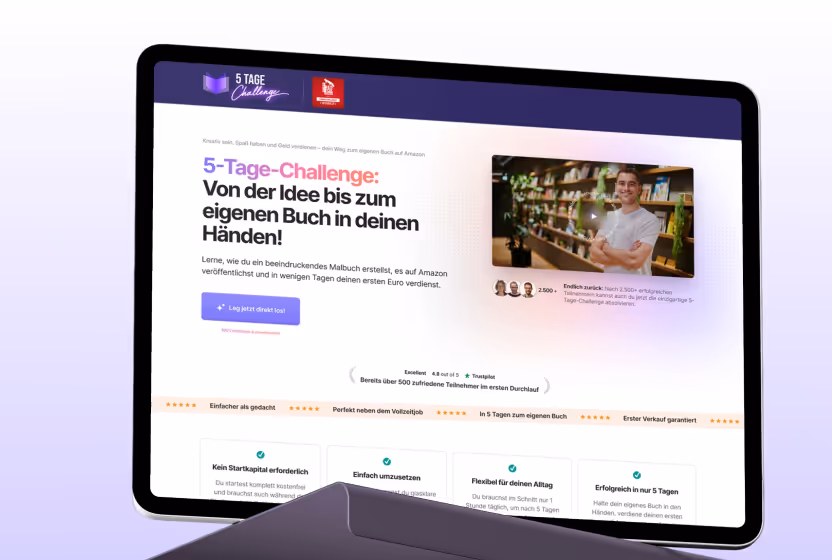 Tablet zeigt Webseite der 5-Tage-Challenge, bei der man lernt, ein Malbuch zu erstellen und auf Amazon zu verkaufen, mit Video und Teilnehmerbewertungen.