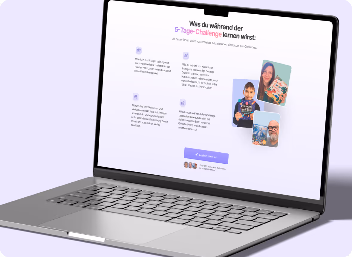 Laptop zeigt eine Webseite mit Informationen zur 5-Tage-Challenge, inklusive Text und Bildern von drei Personen mit ihren Kinderbüchern.