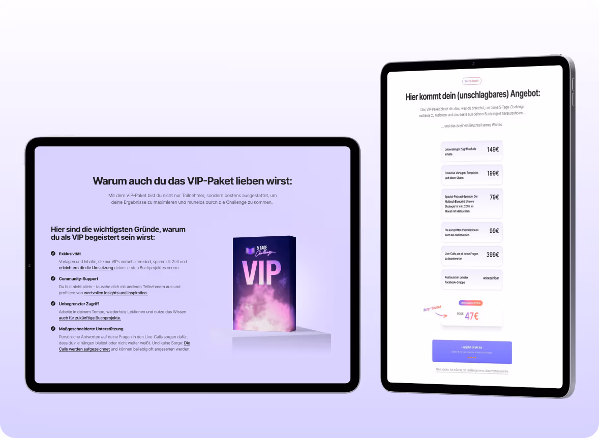 Zwei Tablets zeigen eine VIP-Paketbeschreibung und ein Angebotsformular für eine 5-Tage-Challenge mit Details zu Vorteilen, Preisen und einer Bestellung.